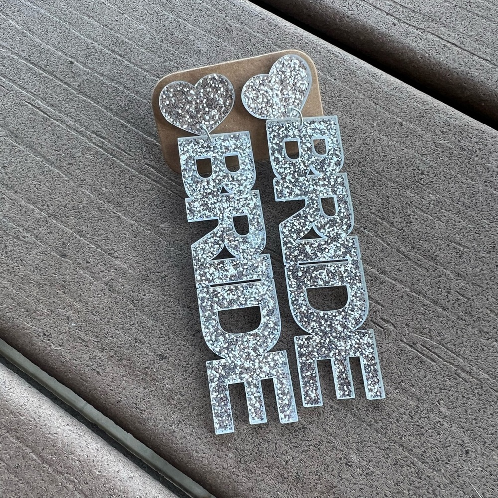Silver Glitter “Bride” dangle Earrings